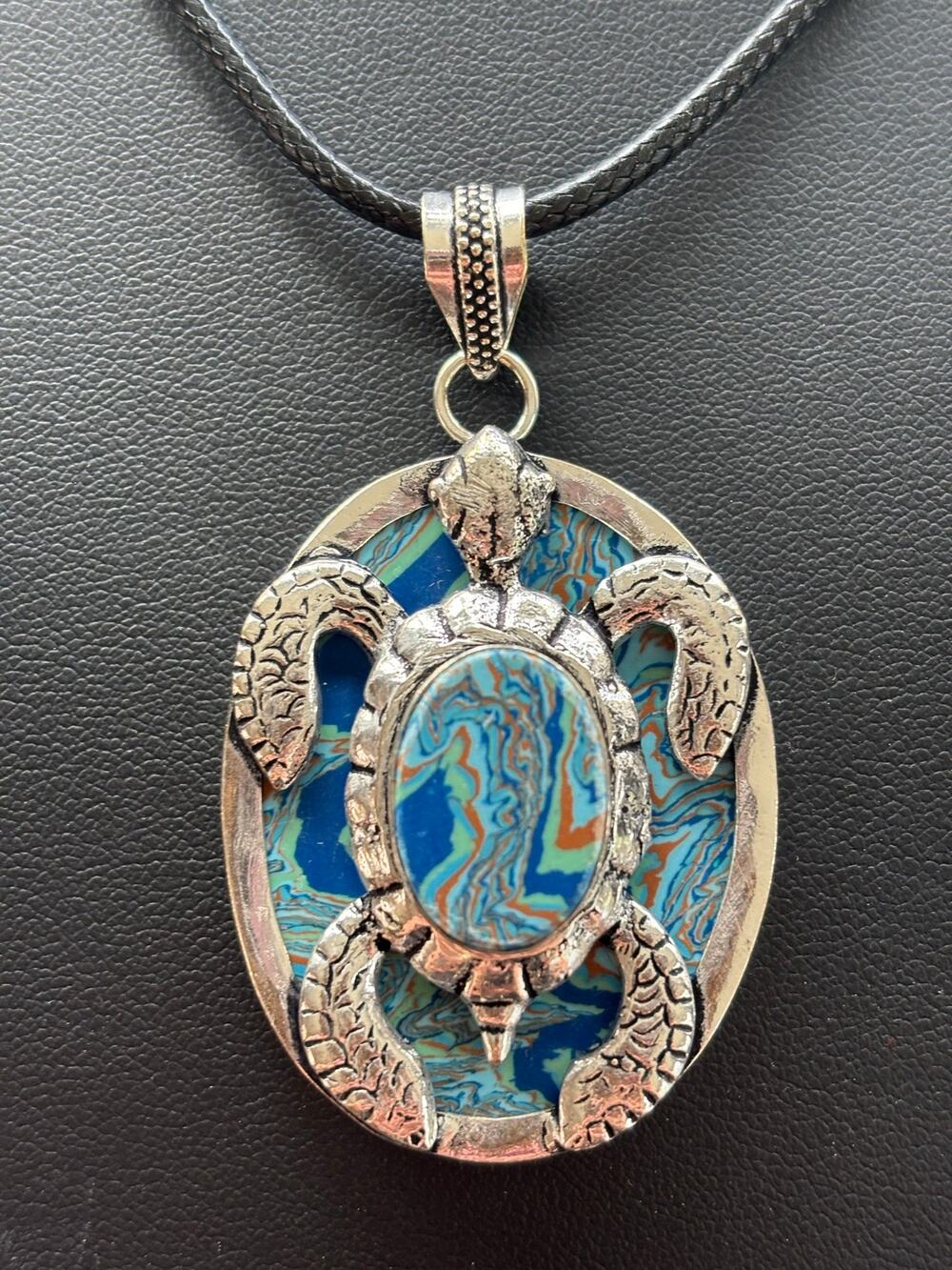 Sterling Rainbow Blue Calsilica Sea Turtle Gemstone Pendant